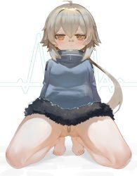 Rule 34 | 1girl, ahoge, bandaid, bandaid on face, bandaid on nose, bandaid on pussy, barefoot, blush, bottomless, brown eyes, brown hair, closed mouth, dokomon, full body, fur-trimmed jacket, fur trim, girls&#039; frontline, gluteal fold, grey jacket, hair between eyes, highres, hs2000 (girls&#039; frontline), jacket, long hair, looking at viewer, low ponytail, ponytail, shadow, solo, thighs, very long hair, white background