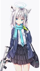 Rule 34 | animal ear fluff, animal ears, assault rifle, bad id, bad pixiv id, bag, black skirt, blue archive, blue eyes, blue jacket, blue necktie, blue scarf, closed mouth, cross hair ornament, gloves, green gloves, grey hair, gun, hair ornament, halo, high-waist skirt, highres, jacket, looking at viewer, medium hair, mismatched pupils, necktie, plaid, plaid skirt, pleated skirt, rifle, sabana, scarf, shiroko (blue archive), shirt, shirt tucked in, shoulder bag, sig sauer 556, simple background, single glove, skirt, weapon, white background, white shirt, wolf ears