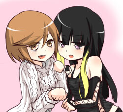 Rule 34 | 2girls, alternate eye color, aran sweater, bare shoulders, black hair, black sleeves, blunt bangs, brown eyes, brown hair, cable knit, child, commentary request, cross-laced clothes, cross-laced sleeves, cross-laced top, detached sleeves, expressionless, grey tank top, hands up, hime cut, i.u.y, kinuhata saiai, kuroyoru umidori, lace-up, lace-up sleeves, lace-up top, light blush, long hair, looking at viewer, multicolored hair, multiple girls, open mouth, paw pose, pink background, purple eyes, short hair, sidelocks, smile, sweater, tank top, teeth, toaru majutsu no index, toaru majutsu no index: new testament, upper body, upper teeth only, white sweater
