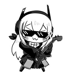 Rule 34 | 1girl, :3, black jacket, blush stickers, chibi, chika (keiin), commentary request, deal with it (meme), full body, girls&#039; frontline, gloves, greyscale, guitar, hair between eyes, headgear, holding, holding instrument, instrument, jacket, long hair, long sleeves, looking at viewer, m4 sopmod ii jr, meme, monochrome, multicolored hair, simple background, solo, streaked hair, sunglasses, white background