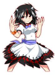 Rule 34 | 1girl, arrow (symbol), bad id, bad nicoseiga id, black hair, blue bow, blue bowtie, blush, bow, bowtie, bracelet, buttons, cone horns, dress, fingernails, grin, highres, horns, jewelry, kijin seija, long fingernails, looking at viewer, multicolored hair, nail polish, puffy short sleeves, puffy sleeves, red eyes, red hair, red nails, sash, short hair, short sleeves, smile, solo, streaked hair, sumiya nadateru, touhou, two-tone hair, white dress, white hair