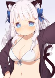 Rule 34 | 1girl, :t, animal ears, bikini, black jacket, blue bow, blue eyes, blush, bow, breasts, cat ears, cat girl, cat tail, cleavage, closed mouth, front-tie bikini top, front-tie top, gradient background, grey background, hair bow, hair ornament, hairclip, hand on own hip, highres, jacket, long hair, long sleeves, looking at viewer, medium breasts, muku (muku-coffee), multiple tails, navel, open clothes, open jacket, original, pout, reaching, reaching towards viewer, selfie, sheeney (muku), silver hair, solo, swimsuit, tail, tail raised, tears, two tails, upper body, v-shaped eyebrows, white background, white bikini