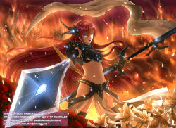 Rule 34 | 1girl, armor, blue eyes, fantasy, fire, flower, foreshortening, highres, kazeno, long hair, megurine luka, midriff, navel, open mouth, pink hair, polearm, solo, sword, very long hair, vocaloid, weapon