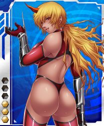 Rule 34 | 00s, 1girl, armor, ass, back, bare shoulders, blonde hair, blue background, blush, breasts, card (blue-hr), card (medium), cowboy shot, dual wielding, elbow gloves, female focus, from behind, gloves, hand up, holding, horns, kokonoki nao, large breasts, larkshasha, lilith-soft, lipstick, long hair, looking at viewer, looking back, low ponytail, makeup, official art, ponytail, red eyes, single horn, smile, solo, standing, taimanin (series), taimanin asagi, taimanin asagi battle arena all card gallery, taimanin asagi kessen arena, tattoo, thighhighs, thong, vambraces, wavy hair, weapon
