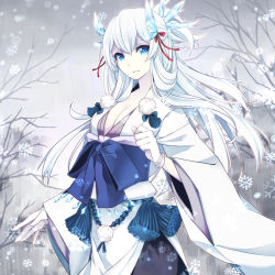 Rule 34 | 1girl, ayakashi hyakkiyakou, blue eyes, breasts, cleavage, crystal, hair ornament, japanese clothes, merlusa, original, outdoors, pom pom (clothes), ribbon, snow, snowing, solo, standing, white hair, yuki onna