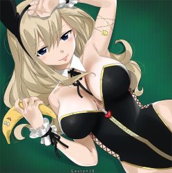 Rule 34 | 1girl, animal ears, artist name, banana, blonde hair, blue eyes, breasts, cleavage, colorized, detached collar, eden&#039;s zero, fake animal ears, food, fruit, gaston18, highres, large breasts, leotard, long hair, looking at viewer, lying, mashima hiro, playboy bunny, rabbit ears, rebecca bluegarden, smile, solo, strapless, thong leotard