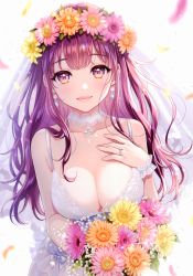 Rule 34 | 1girl, absurdres, bare arms, bare shoulders, blush, bouquet, bow, breasts, bridal veil, brown flower, choker, cleavage, closed mouth, collarbone, dress, earrings, flower, flower wreath, garter straps, hair flower, hair ornament, hand on own chest, hand up, happy tears, head wreath, highres, holding, holding bouquet, jewelry, large breasts, light particles, long hair, looking at viewer, medium breasts, morikura en, original, ornate ring, petals, pink flower, pink lips, purple eyes, purple flower, purple hair, red eyes, ring, scan, see-through, signature, simple background, sleeveless, sleeveless dress, smile, solo, tears, veil, wedding ring, white background, white bow, white choker, white dress, wrist cuffs, yellow flower