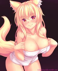 Rule 34 | 1girl, animal ear fluff, animal ears, artist self-insert, bad id, bad tumblr id, blonde hair, blush, breasts, cat ears, cat tail, cleavage, gradient background, highres, large breasts, long hair, looking at viewer, naked towel, nottytiffy, original, red eyes, smile, solo, tail, tiffy (nottytiffy), towel, watermark, web address
