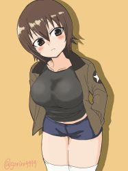 Rule 34 | 1girl, blush, breasts, brown eyes, brown hair, girls und panzer, hand in pocket, highres, large breasts, looking to the side, nishizumi maho, one-hour drawing challenge, saunders military uniform, short hair, simple background, twitter username, yabai gorilla