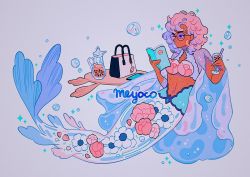 Rule 34 | 1girl, artist name, bag, book, bubble tea, crescent, cup, dark-skinned female, dark skin, drink, drinking straw, flower, full body, glass, glasses, grey background, holding, holding cup, holding drink, medium hair, mermaid, meyoco, monster girl, multicolored hair, navel, original, pink flower, pink hair, pitcher (container), purple hair, simple background, solo, sparkle, two-tone hair, white flower