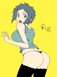 Rule 34 | 1girl, ass, atlus, black eyes, black legwear, blue hair, blush, breasts, character name, female focus, highres, large breasts, looking back, no pants, open mouth, panties, persona, persona 3, short hair, simple background, solo, standing, surprised, suta furachina, sweat, teeth, text focus, thong, translated, underwear, yamagishi fuuka, yellow background
