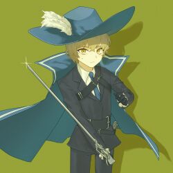 Rule 34 | 1boy, absurdres, belt, black belt, black gloves, black jacket, black pants, blue cape, blue hat, blue necktie, cape, cavalier hat, collared shirt, cowboy shot, gloves, hat, hat feather, highres, holding, holding sword, holding weapon, jacket, limbus company, long sleeves, looking at viewer, necktie, pants, project moon, shirt, sinclair (project moon), sinlu, solo, sword, weapon, white shirt
