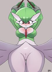 Rule 34 | 1girl, absurdres, anonymouse, arms up, blush, breasts, cleavage, cowboy shot, creatures (company), game freak, gardevoir, gen 3 pokemon, gluteal fold, green hair, grey background, highres, looking down, medium breasts, nintendo, parted lips, pokemon, pokemon (creature), pussy, red eyes, restrained, short hair, simple background, solo, thigh gap, uncensored