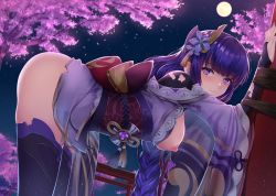 Rule 34 | 1girl, ass, bdsm, bent over, black thighhighs, bondage, bound, bound arms, braid, breasts, breasts out, bridal gauntlets, cherry blossoms, flower, from side, full moon, genshin impact, hair flower, hair ornament, hajika, japanese clothes, kimono, large breasts, long hair, long sleeves, looking at viewer, looking to the side, moon, naked kimono, night, night sky, nipples, no bra, no panties, obi, open clothes, open kimono, parted lips, purple eyes, purple flower, purple hair, purple kimono, raiden shogun, sash, single braid, sky, solo, spring (season), tassel, thighhighs, torii, very long hair, vision (genshin impact), wide sleeves