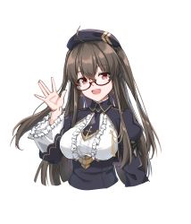 Rule 34 | 1girl, absurdres, ahoge, arm up, as4gi, azur lane, beret, breasts, brown hair, dress, earrings, glasses, hat, highres, jewelry, london (azur lane), london (retrofit) (azur lane), long hair, looking at viewer, medium breasts, open mouth, red eyes, smile, solo focus, upper body, white background