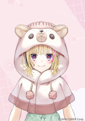 Rule 34 | 1girl, animal hood, bear hood, blonde hair, capelet, closed mouth, dress, green dress, heart, heart-shaped pupils, hololive, hood, hood up, hooded capelet, kagawa ichigo, looking at viewer, multicolored hair, official art, omaru polka, purple eyes, smile, solo, streaked hair, symbol-shaped pupils, upper body, virtual youtuber, watermark, white capelet