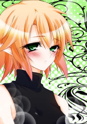 Rule 34 | 1girl, black shirt, blonde hair, blush, breasts, closed mouth, commentary request, dotted background, eyes visible through hair, green background, green eyes, hair between eyes, hazuki kasane, looking at viewer, medium breasts, mizuhashi parsee, pointy ears, shirt, short hair, sleeveless, sleeveless shirt, solo, touhou, turtleneck, upper body