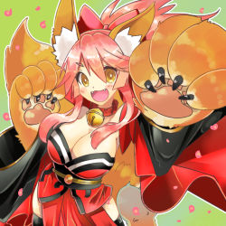 Rule 34 | 1girl, :d, animal ears, animal hands, bad id, bad pixiv id, bell, bow, breasts, cleavage, collar, detached sleeves, fangs, fate/grand order, fate (series), fox ears, fox tail, fujiyama ichiha, gloves, hair bow, highres, japanese clothes, kimono, large breasts, neck bell, obi, open mouth, paw gloves, pink hair, ponytail, sash, smile, solo, tail, tamamo (fate), tamamo cat (fate), tamamo cat (first ascension) (fate), tamamo no mae (fate/extra), thighhighs, yellow eyes, zettai ryouiki