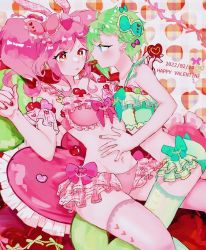 Rule 34 | 2girls, absurdres, bow, bra, breasts, candy, chocolate, chocolate heart, cleavage, couple, dated, flat chest, food, frilled bra, frilled panties, frills, green bow, green bra, green panties, hair behind ear, hair bow, hand on another&#039;s stomach, happy valentine, heart, highres, m rgfn, macross, macross delta, makina nakajima, medium breasts, midriff, multiple girls, navel, panties, pink bow, pink bra, pointy ears, reina prowler, thighhighs, twintails, underwear, valentine, yuri