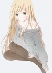 Rule 34 | 1girl, bare shoulders, blonde hair, green eyes, hiro (hirohiro31), long hair, original, pantyhose, solo, sweater