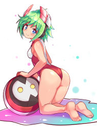 Rule 34 | 1girl, ass, azure striker gunvolt, bare shoulders, barefoot, blue eyes, blush, breasts, cougar (cougar1404), from behind, green hair, headgear, kneeling, looking at viewer, looking back, medium breasts, one-piece swimsuit, roro (gunvolt), shiny clothes, shiny skin, short hair, sideboob, smile, solo, swimsuit, wedgie