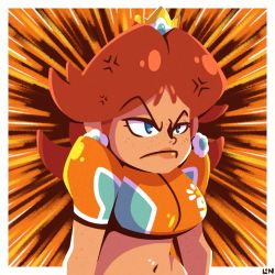 Rule 34 | 1girl, anger vein, angry, aqua shirt, artist logo, artist name, blue eyes, border, breasts, brown hair, closed mouth, crop top, crown, earrings, emphasis lines, eyelashes, flipped hair, flower earrings, freckles, frown, highres, jersey, jewelry, legendofnerd, mario (series), medium breasts, medium hair, navel, nintendo, nose, nostrils, orange shirt, princess daisy, shirt, short sleeves, solo, super mario strikers, thick lips, upper body, v-shaped eyebrows, white border