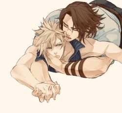 Rule 34 | 2boys, arm strap, bare arms, bare shoulders, belt, biting, black pants, blonde hair, blue eyes, blue shirt, brown hair, closed eyes, cloud strife, final fantasy, final fantasy vii, final fantasy viii, high collar, highres, holding hands, kingdom hearts, kingdom hearts ii, lips, lower teeth only, medium hair, multiple boys, muscular, muscular male, open collar, open mouth, pants, parted bangs, pinned, ryouto, scar, scar on face, shirt, simple background, sleeveless, sleeveless shirt, spiked hair, squall leonhart, square enix, t-shirt, teeth, white shirt, yaoi