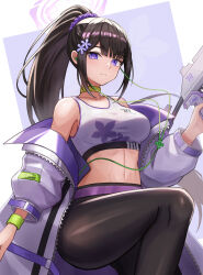 Rule 34 | 1girl, absurdres, bare shoulders, belt, black hair, black pants, blue archive, breasts, choker, coat, commentary request, crop top, devonrex, highres, large breasts, leggings, long hair, looking at viewer, midriff, navel, off shoulder, open clothes, open coat, pants, ponytail, purple belt, purple coat, purple eyes, sidelocks, solo, sports bra, stomach, sumire (blue archive), thighs, very long hair, yellow choker