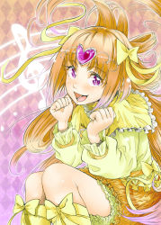 Rule 34 | 10s, 1girl, blush, boots, bow, brooch, bubble skirt, capelet, choker, circlet, cure muse, cure muse (yellow), frills, hair ribbon, heart, jewelry, knee boots, long hair, long sleeves, magical girl, musical note, open mouth, orange hair, precure, purple eyes, ribbon, sapphire satou, shirabe ako, skirt, smile, solo, suite precure, teeth, treble clef, yellow bow