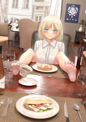 Rule 34 | 1girl, 3d background, absurdres, andy2465, barefoot, blonde hair, blue eyes, blush, breasts, chibi, cup, drinking glass, feet, feet on table, food, fork, highres, hololive, hololive english, knife, large breasts, looking at viewer, shirt, short hair, smile, smol ame, soles, solo, spoon, tagme, toes, virtual youtuber, watson amelia, wine glass