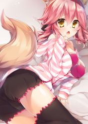 Rule 34 | 1girl, absurdres, animal ears, black thighhighs, blush, bra, breasts, fang, fate/grand order, fate (series), fox ears, fox tail, highres, kinosaki yuuta, large breasts, looking at viewer, lying, off shoulder, official alternate costume, open clothes, open mouth, open shirt, pink bra, pink hair, shirt, solo, striped clothes, striped shirt, tail, tamamo (fate), tamamo no mae (fate/extra), tamamo no mae (spring casual) (fate), thighhighs, underwear, yellow eyes