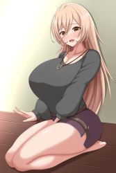 Rule 34 | 1girl, absurdres, bad id, bad twitter id, blonde hair, breasts, curvy, fang, grey sweater, hair between eyes, highres, jewelry, kneeling, lap pillow invitation, large breasts, long hair, looking at viewer, mameneko (pai), necklace, nijisanji, nui sociere, nui sociere (4th costume), open mouth, ribbed sweater, sitting, skin fang, sweater, thick thighs, thighs, virtual youtuber, wooden floor, yellow eyes