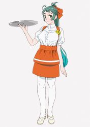Rule 34 | 1girl, alternate costume, anna miller, apron, bad id, bad twitter id, film grain, full body, green eyes, green hair, grey background, irako (kancolle), kantai collection, long hair, name tag, ojipon, orange skirt, pantyhose, ponytail, shirt tucked in, simple background, skirt, solo, standing, tray, very long hair, waitress, white pantyhose