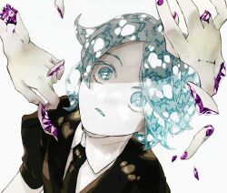 Rule 34 | 1other, amethyst (houseki no kuni), androgynous, aqua eyes, aqua hair, black necktie, commentary, cracked skin, crystal hair, dappled sunlight, falling, from above, gem, gem uniform (houseki no kuni), highres, houseki no kuni, looking at another, looking up, mt5 014, necktie, other focus, parted bangs, parted lips, phosphophyllite, puffy short sleeves, puffy sleeves, purple gemstone, purple nails, severed finger, severed hand, short hair, short sleeves, simple background, solo focus, sunlight, surprised, symbol-only commentary, upper body, white background