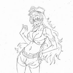 Rule 34 | 1girl, bleach, breasts, candice catnipp, cleavage, hat, large breasts, long hair, midriff, navel, open mouth, rakusakugk, revealing clothes