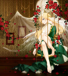 Rule 34 | 1girl, bare legs, barefoot, birdcage, birdcage veil, blonde hair, blue eyes, bow, cage, chain, ciciya, closed mouth, detached sleeves, dress, dress bow, falling petals, flower, full body, gown, green dress, hair between eyes, hair ornament, helix waltz, highres, in cage, indoors, knee up, leaf hair ornament, lips, long hair, long sleeves, looking at viewer, magda ellenstein, mobile, petals, picture frame, profile, red flower, red rose, rose, see-through, see-through sleeves, sideways glance, sitting, smile, solo, strapless, strapless dress, toenails, wallpaper (object), white veil, wooden floor