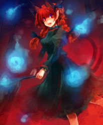 Rule 34 | 1girl, animal ears, braid, cart, cat ears, cat girl, cat tail, dress, extra ears, female focus, floating skull, kaenbyou rin, multiple tails, pointy ears, red eyes, red hair, red theme, skull, solo, tail, touhou, twin braids, twintails, ukyo rst