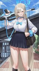 Rule 34 | 1girl, absurdly long hair, absurdres, assault rifle, asuna (blue archive), bag, bench, black bag, black choker, black skirt, black socks, blue archive, blue bow, blue bowtie, blue eyes, blue nails, blue ribbon, blue scrunchie, blue sky, bow, bowtie, breasts, bridge, bullpup, choker, cloud, collared shirt, day, dolri, dress shirt, famas, feet out of frame, fingernails, grin, gun, hair ribbon, halo, hand on own hip, highres, holding, holding gun, holding weapon, large breasts, light brown hair, long fingernails, long hair, looking at viewer, miniskirt, nail polish, outdoors, over shoulder, pleated skirt, railing, ribbon, rifle, school bag, school uniform, scrunchie, shirt, shirt tucked in, shoulder bag, sidelocks, skirt, sky, sleeves rolled up, smile, socks, solo, standing, teeth, thighs, very long hair, weapon, weapon over shoulder, white shirt, wrist scrunchie