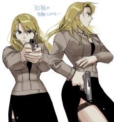 Rule 34 | 1girl, aiming, aiming at viewer, belt, black dress, blonde hair, brown eyes, brown jacket, commentary request, dress, fullmetal alchemist, gun, handgun, highres, holding, holding gun, holding weapon, holster, jacket, long hair, looking at viewer, multiple views, ozaki (tsukiko3), partially unzipped, pistol, profile, riza hawkeye, side slit, simple background, swept bangs, thigh belt, thigh holster, thigh strap, translation request, weapon, white background