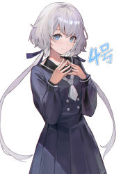 Rule 34 | 1girl, black sailor collar, blue eyes, closed mouth, cowboy shot, dress, highres, konno junko, long hair, long sleeves, looking at viewer, ribbon, sailor collar, sailor dress, sl86, smile, solo, standing, steepled fingers, twintails, white background, white hair, white neckwear, zombie land saga