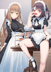 Rule 34 | 2girls, :d, alternate costume, apron, black dress, black footwear, black hair, blush, bobby socks, breasts, broken heart, brown hair, collared shirt, commentary, cup, dress, enmaided, food, frilled apron, frills, fruit, green eyes, hair ornament, hand up, heart, heart hair ornament, holding, holding food, holding tray, indoors, large breasts, long dress, long hair, maid, maid headdress, mixed maids, multiple girls, open mouth, original, pleated dress, ponytail, puffy short sleeves, puffy sleeves, red eyes, shirt, shoes, short dress, short sleeves, smile, socks, strawberry, sweets, teacup, teapot, tiered tray, tokuno yuika, tongue, tongue out, tray, v-shaped eyebrows, very long hair, victorian maid, white apron, white legwear, white shirt