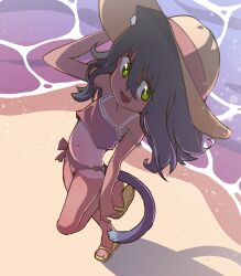 Rule 34 | 1girl, animal ear fluff, animal ears, arm at side, bare shoulders, beach, bikini, cat ears, cat girl, cat tail, day, fang, flat chest, flipped hair, full body, green eyes, grey hair, hair between eyes, hand up, hat, highres, holding, holding clothes, holding hat, light blush, long hair, looking at viewer, navel, ocean, open mouth, orenji (wholesomeorenji), original, pink bikini, sand, sandals, smile, solo, spaghetti strap, standing, standing on one leg, straight hair, strap slip, swimsuit, tail, tan, tanline, v-shaped eyebrows, yellow footwear, yellow hat