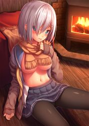 Rule 34 | 10s, 1girl, black pantyhose, blue eyes, blush, breasts, clothes lift, convenient censoring, eyes visible through hair, fireplace, hair ornament, hair over one eye, hairclip, hamakaze (kancolle), highres, kantai collection, large breasts, looking at viewer, navel, nazu-na, no bra, panties, panties under pantyhose, pantyhose, pantyshot, scarf, shirt lift, short hair, silver hair, solo, sweater, underboob, underwear