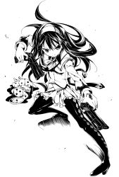 Rule 34 | 1girl, action, akemi homura, bad id, bad pixiv id, black hair, blood, blush, boots, death, equilibrium, finger on trigger, frilled skirt, frills, frown, full body, greyscale, gun, hairband, headband, high heels, highres, holding, holding gun, holding weapon, kyubey, long hair, long sleeves, magical girl, mahou shoujo madoka magica, mahou shoujo madoka magica (anime), monochrome, nagomiya, pantyhose, parody, ribbon, simple background, skirt, solo, very long hair, weapon, white background