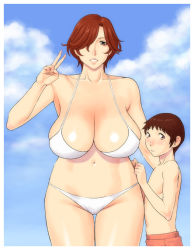Rule 34 | 1boy, 1girl, age difference, bad id, bad pixiv id, bikini, blush, breasts, brown eyes, brown hair, child, cleavage, hanging breasts, hip focus, huge breasts, mature female, mother and son, sagging breasts, short hair, shorts, sky, swimsuit, takasugi kou, v, wide hips