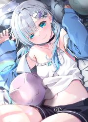 Rule 34 | 1girl, aqua eyes, aqua hair, bed sheet, black choker, black shorts, blue coat, blunt bangs, blush, camisole, choker, closed mouth, coat, commentary request, ghost hair ornament, grey hair, hair ornament, hair over shoulder, hairclip, highres, kaga sumire, long hair, long sleeves, looking at viewer, lying, multicolored hair, navel, on back, ruo19, shorts, sleeping, smile, solo, streaked hair, stuffed animal, stuffed cat, stuffed toy, virtual youtuber, vspo!, white camisole, x hair ornament