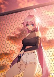 Rule 34 | 1girl, ahoge, backlighting, bare shoulders, black shirt, blue eyes, breasts, chain-link fence, cigarette, crop top, cutoffs, expressionless, fence, hair flaps, hand on own thigh, highres, holding, large breasts, long hair, long sleeves, looking at viewer, midriff, navel, off-shoulder shirt, off shoulder, original, pink hair, see-through, shirt, short shorts, shorts, solo, sunlight, sunset, thighs, ugwa, very long hair, white shorts
