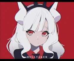 Rule 34 | 1girl, :/, black jacket, black necktie, closed mouth, collared shirt, copyright name, grey eyes, hairband, helltaker, highres, horns, jacket, letterboxed, looking at viewer, lucifer (helltaker), meow nyang, mole, mole under eye, multicolored eyes, necktie, red background, red eyes, red shirt, revision, shirt, simple background, solo, white hair, wing collar