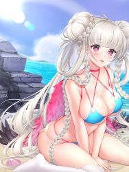 Rule 34 | 1girl, ahoge, alternate costume, artist name, azur lane, beach, bikini, blue bikini, blue nails, blue sky, blush, braid, breasts, choker, cleavage, cloud, day, double bun, formidable (azur lane), formidable (the lady of the beach) (azur lane), grey hair, hair bun, highres, large breasts, long hair, looking at viewer, nail polish, navel, ocean, open mouth, outdoors, pink nails, red eyes, sand, seashell, shell, sidelocks, single thighhigh, sitting, sky, solo, swimsuit, thighhighs, thighs, uosaasou, very long hair, wariza, white thighhighs