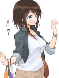 Rule 34 | 1girl, :d, bag, between breasts, blue eyes, blush, breasts, brown hair, cropped jacket, hand up, highres, holding, holding bag, jacket, looking to the side, medium breasts, open clothes, open jacket, open mouth, original, satchel, shirt, short hair, shunichi, sidelocks, simple background, smile, solo, strap between breasts, translated, upper body, waving, white background, white shirt